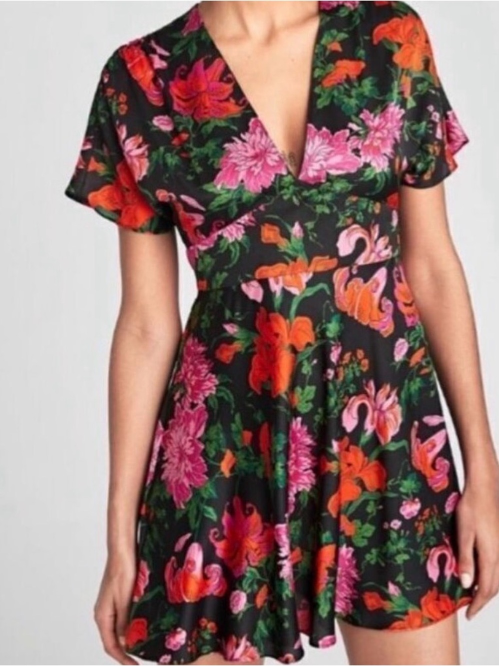 Zara Floral V-Neck Fit & Flare Dress in Black with Pink & Orange Blooms